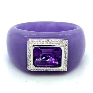 Purple Jade Ring w/ 14k WG Bezel Set Amethyst Ring